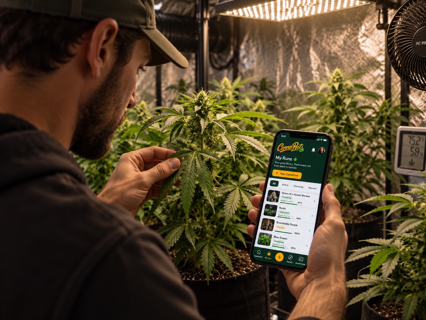 Grower photographing a flowering cannabis plant inside a grow tent